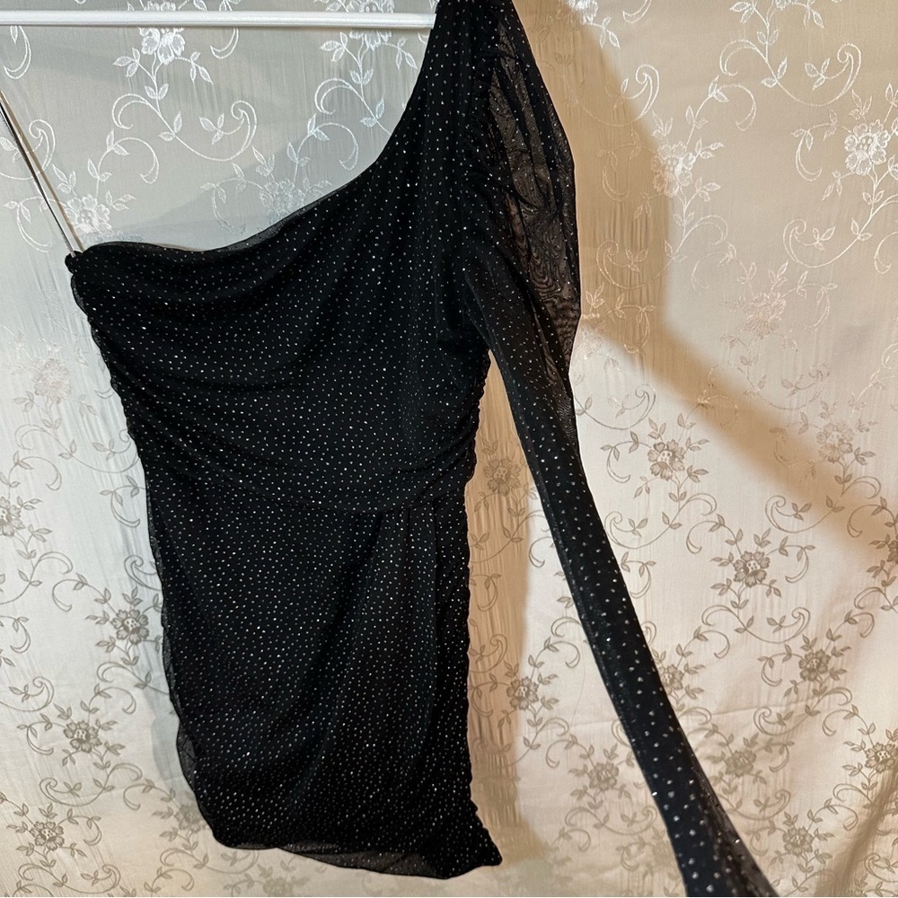 Lucy in the Sky Black Glitter Polka Dot One-Shoulder Dress Sheer Sleeve MEDIUM - Picture 7 of 11